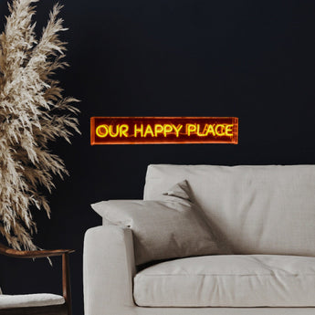 Illuminate Your Space with the Ultimate LED Neon Our Happy Place Light Box – The Quintessential Blend of Retro Charm and Modern Flair!